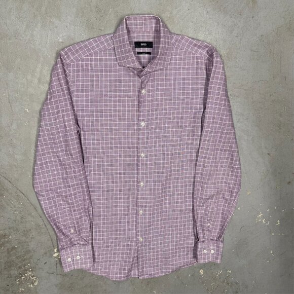 Hugo Boss Slim Fit Dress Shirt Check Houndstooth Cotton Pink 38 15 Small - Picture 2 of 10